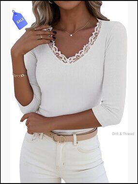 3/4 Sleeve V Neck Ribbed Knit T Shirt Dressy Casual Blouse Going Out Top